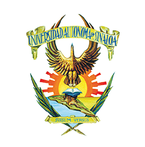 Escudo oficial de la Universidad Autónoma de Sinaloa con águila dorada, sol naciente, libro abierto y lema “Sursum Versus”.<br />
